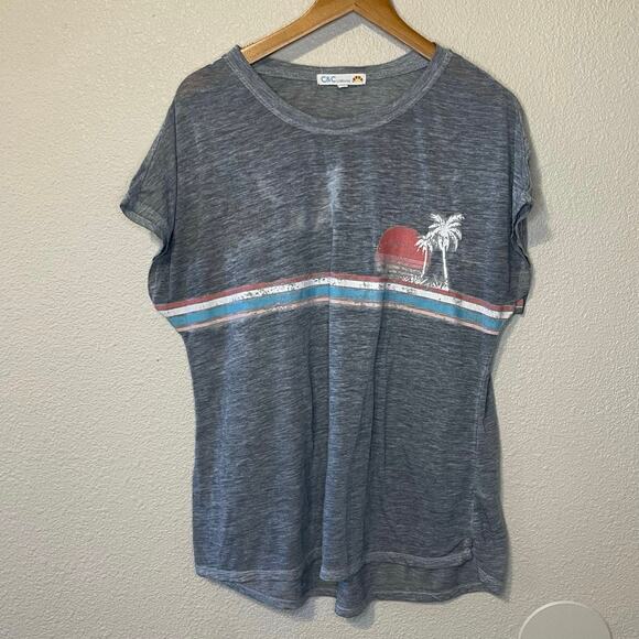 C&C California Tops - C&C California Heather Gray Palm Tree Cap Sleeve Relaxed Surf Tee Medium